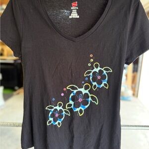Hanes Black Tee with Colorful Turtle Design
